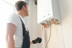 Plumber checking water heater installation